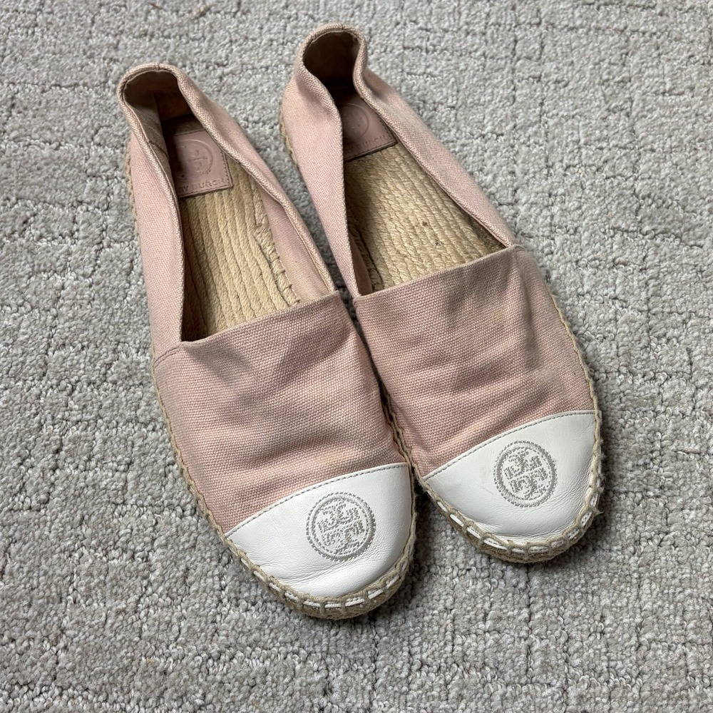 Tory Burch Pink White Colorblock Canvas Espadrille Slip On Logo Flats Size 8.5